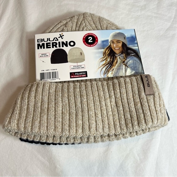New merino wool blend polartec beanie set of 2 tan navy - Picture 5 of 5